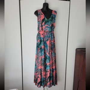 Nicole Miller Coral and Teal Floral Print Maxi Dress